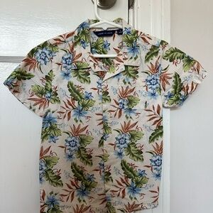Janie and Jack Green and Blue Button Down Shirt with Tropical Print